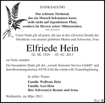 Traueranzeige von Elfriede Hein von Mitteldeutsche Zeitung Merseburg/Querfurt