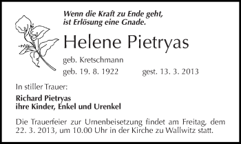 Traueranzeige von Helene Pietryas von Mitteldeutsche Zeitung Halle/Saalkreis