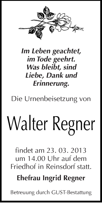 Traueranzeige von Walter Regner von Mitteldeutsche Zeitung Köthen