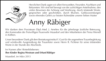 Traueranzeige von Anny Räbiger von Mitteldeutsche Zeitung Köthen