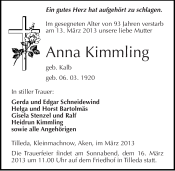 Traueranzeige von Anna Kimmling von Mitteldeutsche Zeitung Sangerhausen