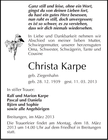Traueranzeige von Christa Karpe von Mitteldeutsche Zeitung Sangerhausen