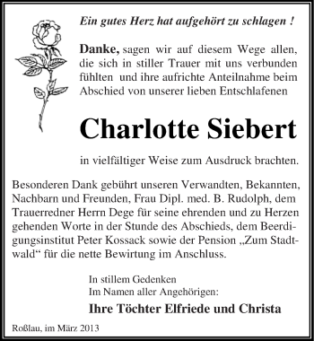 Traueranzeige von Charlotte Siebert von Mitteldeutsche Zeitung Dessau-Roßlau