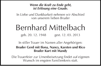 Traueranzeige von Bernhard Mittelbach von Mitteldeutsche Zeitung Halle/Saalkreis