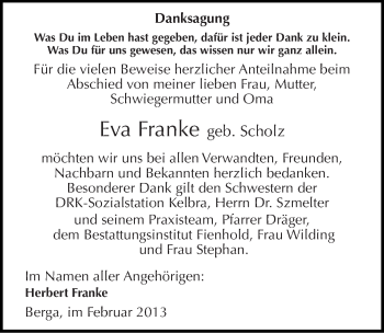 Traueranzeige von Eva Franke von Mitteldeutsche Zeitung Sangerhausen