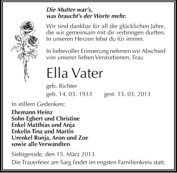 Traueranzeige von Ella Vater von Mitteldeutsche Zeitung Mansfelder Land