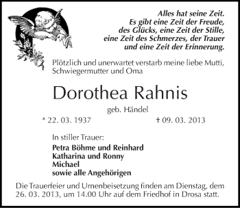 Traueranzeige von Dorothea Rahnis von Mitteldeutsche Zeitung Köthen