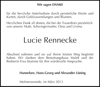 Traueranzeige von Lucie Rennecke von Mitteldeutsche Zeitung Mansfelder Land