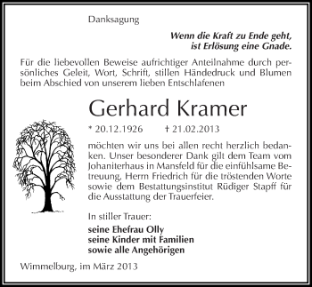 Traueranzeige von Gerhard Kramer von Mitteldeutsche Zeitung Mansfelder Land