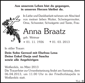 Traueranzeige von Anna Braatz von Mitteldeutsche Zeitung Weißenfels