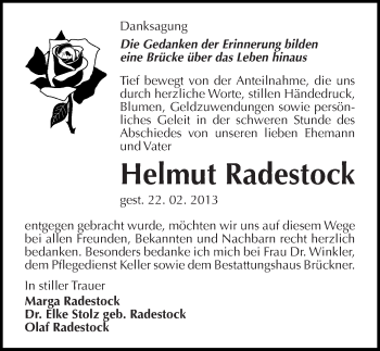 Traueranzeige von Helmut Radestock von Mitteldeutsche Zeitung Weißenfels