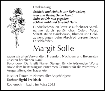 Traueranzeige von Margit Solle von Mitteldeutsche Zeitung Mansfelder Land