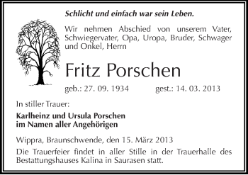 Traueranzeige von Fritz Porschen von Mitteldeutsche Zeitung Mansfelder Land
