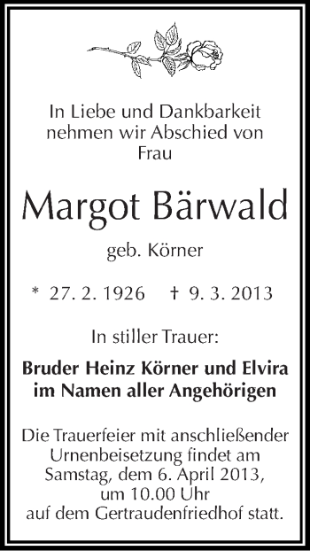 Traueranzeige von Margot Bärwald von Mitteldeutsche Zeitung Halle/Saalkreis