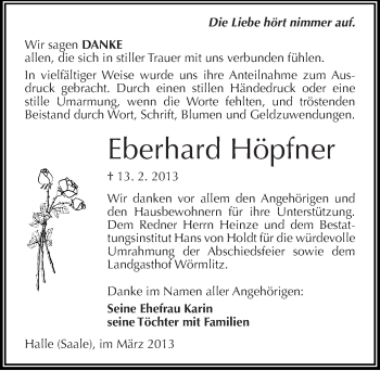 Traueranzeige von Eberhard Höpfner von Mitteldeutsche Zeitung Halle/Saalkreis