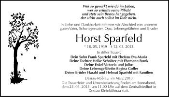 Traueranzeige von Horst Sparfeld von Mitteldeutsche Zeitung Dessau-Roßlau