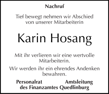 Traueranzeige von Karin Hosang von Mitteldeutsche Zeitung Quedlinburg