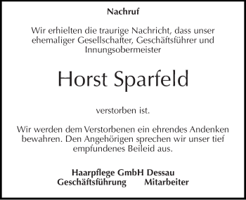 Traueranzeige von Horst Sparfeld von Mitteldeutsche Zeitung Dessau-Roßlau