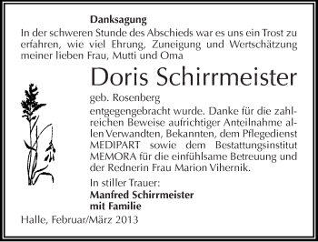 Traueranzeige von Doris Schirrmeister von Mitteldeutsche Zeitung Halle/Saalkreis