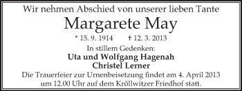 Traueranzeige von Margarete May von Mitteldeutsche Zeitung Halle/Saalkreis