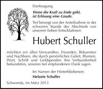 Traueranzeige von Hubert Schuller von Mitteldeutsche Zeitung Sangerhausen