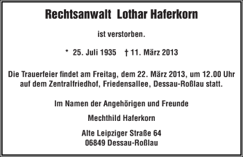Traueranzeige von Lothar Haferkorn von Mitteldeutsche Zeitung Dessau-Roßlau
