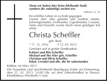 Traueranzeige von Christa Scheffler von Mitteldeutsche Zeitung Dessau-Roßlau
