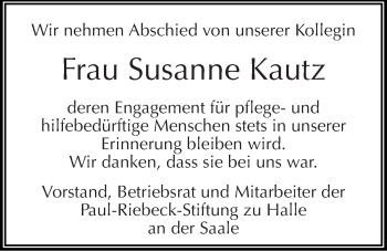 Traueranzeige von Susanne Kautz von Mitteldeutsche Zeitung Halle/Saalkreis