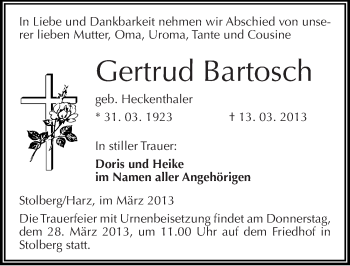 Traueranzeige von Gertrud Bartosch von Mitteldeutsche Zeitung Sangerhausen