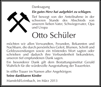 Traueranzeige von Otto Schüler von Mitteldeutsche Zeitung Mansfelder Land