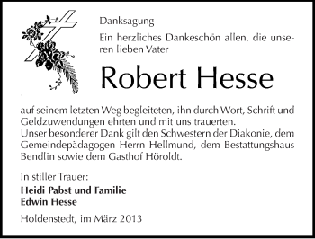 Traueranzeige von Robert Hesse von Mitteldeutsche Zeitung Sangerhausen
