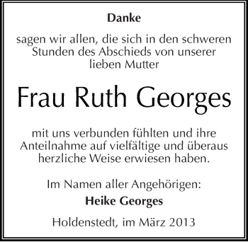 Traueranzeige von Ruth Georges von Mitteldeutsche Zeitung Sangerhausen