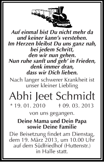 Traueranzeige von Abhi Jeet Schmidt von Mitteldeutsche Zeitung Halle/Saalkreis
