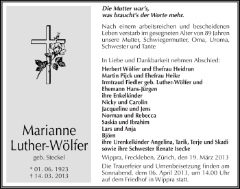 Traueranzeige von Marianne Luther-Wölfer von Mitteldeutsche Zeitung Mansfelder Land