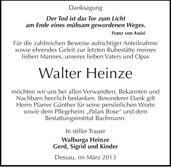 Traueranzeige von Walter Heinze von Mitteldeutsche Zeitung Dessau-Roßlau