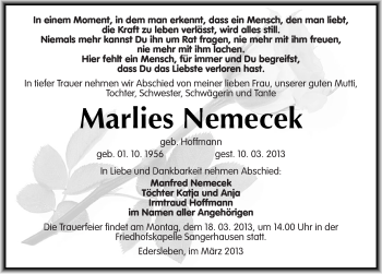 Traueranzeige von Marlies Nemecek von Mitteldeutsche Zeitung Sangerhausen
