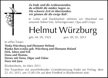 Traueranzeige von Helmut Würzburg von Mitteldeutsche Zeitung Sangerhausen