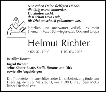 Traueranzeige von Helmut Richter von Mitteldeutsche Zeitung Halle/Saalkreis