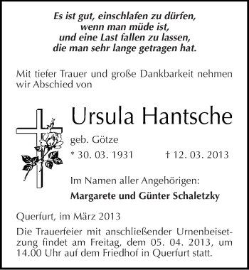 Traueranzeige von Ursula Hantsche von Mitteldeutsche Zeitung Merseburg/Querfurt