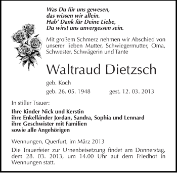 Traueranzeige von Waltraud Dietzsch von Mitteldeutsche Zeitung Naumburg/Nebra