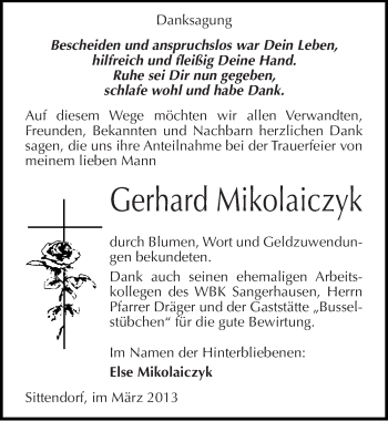 Traueranzeige von Gerhard Mikolaiczyk von Mitteldeutsche Zeitung Sangerhausen
