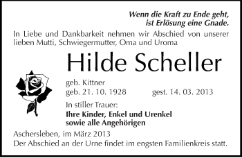 Traueranzeige von Hilde Scheller von Mitteldeutsche Zeitung Aschersleben