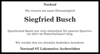 Traueranzeige von Siegfried Busch von Mitteldeutsche Zeitung Aschersleben