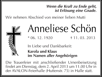 Traueranzeige von Anneliese Schön von Mitteldeutsche Zeitung Halle/Saalkreis