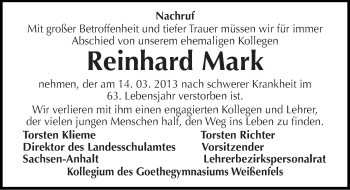 Traueranzeige von Reinhard Mark von Mitteldeutsche Zeitung Weißenfels