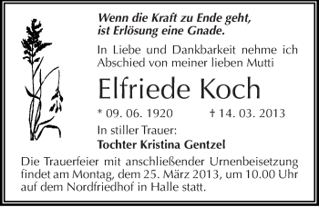 Traueranzeige von Elfriede Koch von Mitteldeutsche Zeitung Halle/Saalkreis