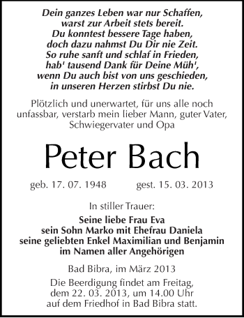 Traueranzeige von Peter Bach von Mitteldeutsche Zeitung Naumburg/Nebra