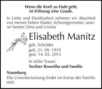 Traueranzeige von Elisabeth Manitz von Mitteldeutsche Zeitung Naumburg/Nebra