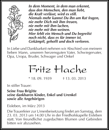 Traueranzeige von Fritz Hache von Mitteldeutsche Zeitung Mansfelder Land
