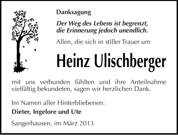 Traueranzeige von Heinz Ulischberger von Mitteldeutsche Zeitung Sangerhausen